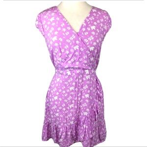 J Crew Size 0 lilac & White Floral Print Faux Wrap Ruffle Dress Cap Sleeves